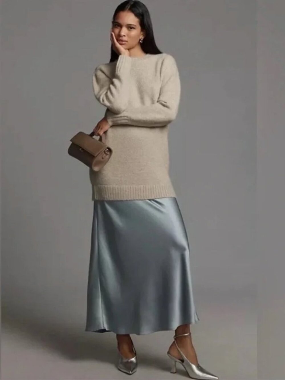 Anthropologie Grey Multi Twofer Crewneck Sweater Slip Midi Dress Long Sleeve XS